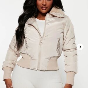 Fashion Nova Beige Faux Fur Collar Puffer Bomber Jacket Medium